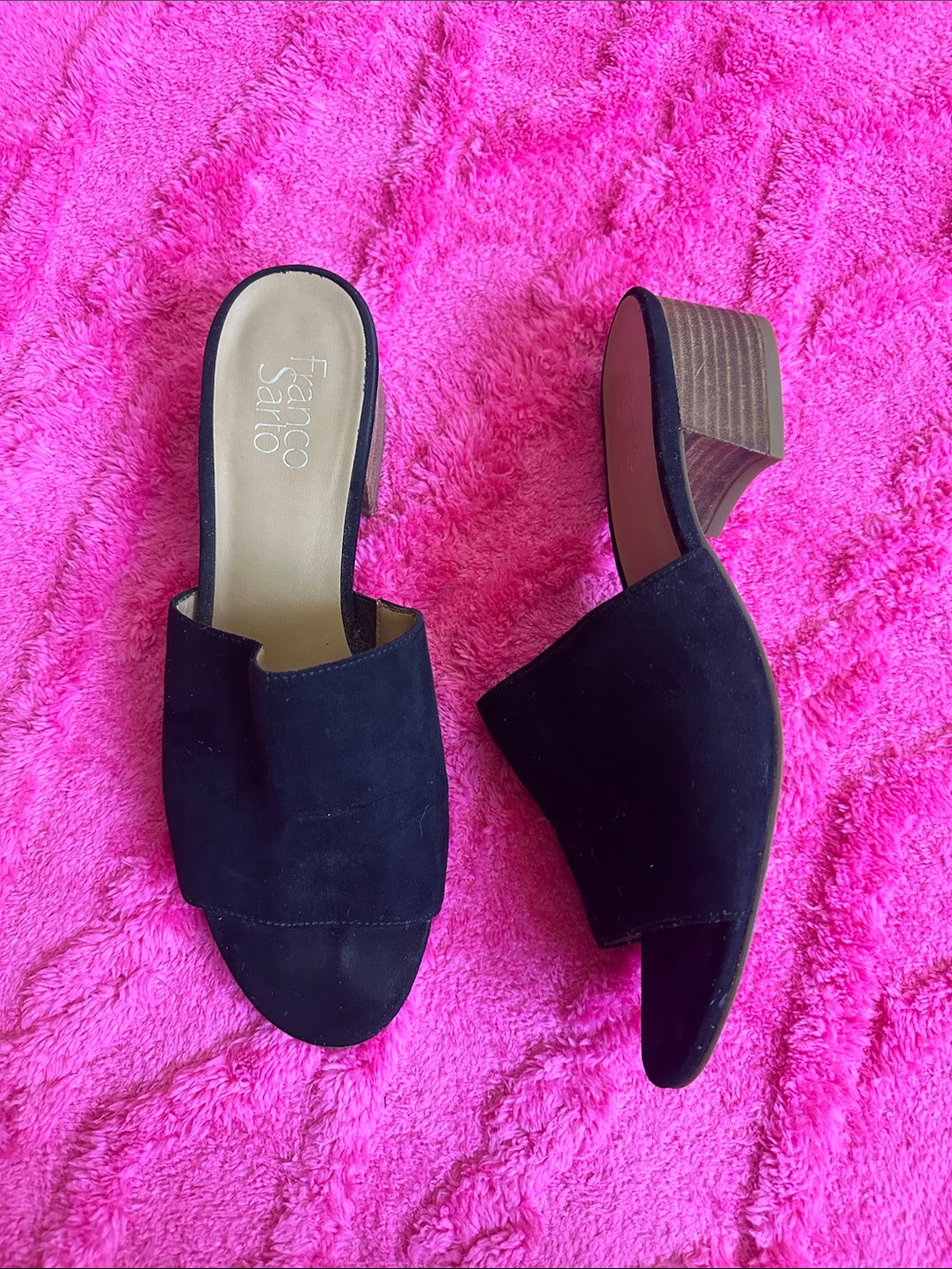 Franco Sarto Black Suede Open-Toe Block Heel Mules